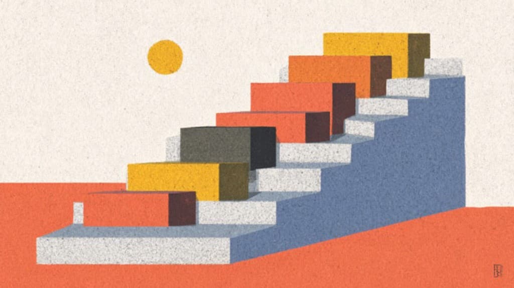 Warm staircase ascending toward a sun — representing compounding returns over time